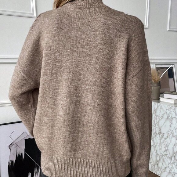 Khaki Casual Womens Turtleneck Cold Shoulder 2 In 1 Sweater - Picture 2 of 5